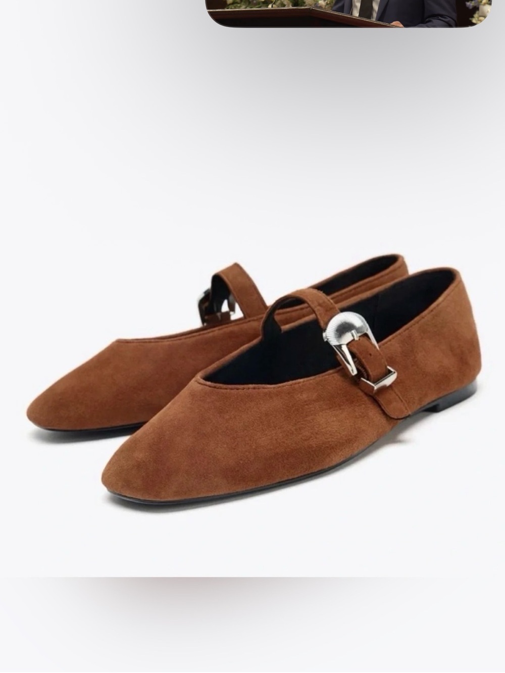 Zara Brown Suede Mary Jane Flats with Silver Buckle
